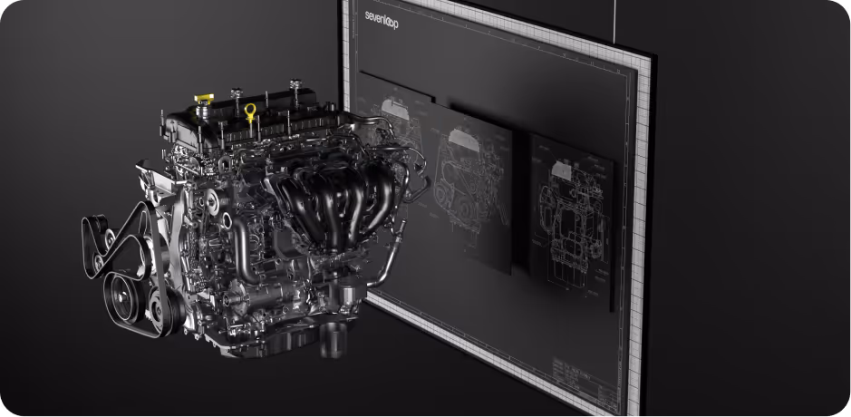 3D rendering of a car engine model displayed next to technical blueprints on a screen.