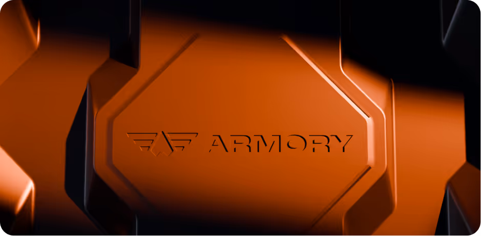 Orange close-up view of a textured surface with the embossed word ARMORY and a wing-like logo.