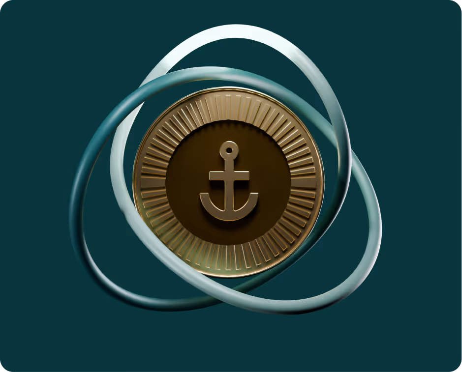 Gold coin with anchor symbol surrounded by three looping blue rings on dark teal background.