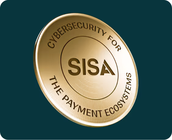 Gold coin with text 'CYBERSECURITY FOR THE PAYMENT ECOSYSTEMS' and acronym SISA in center.