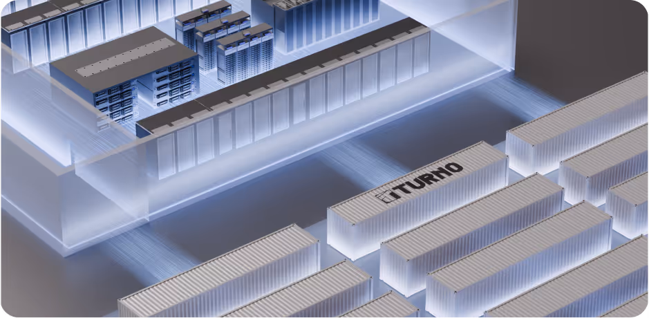 3D render of a data center with servers inside and Turno-branded shipping containers outside.