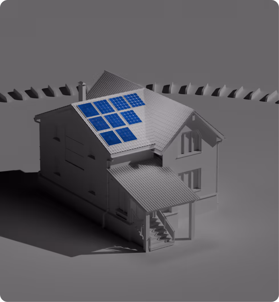 3D model of a house with nine blue solar panels installed on the roof.