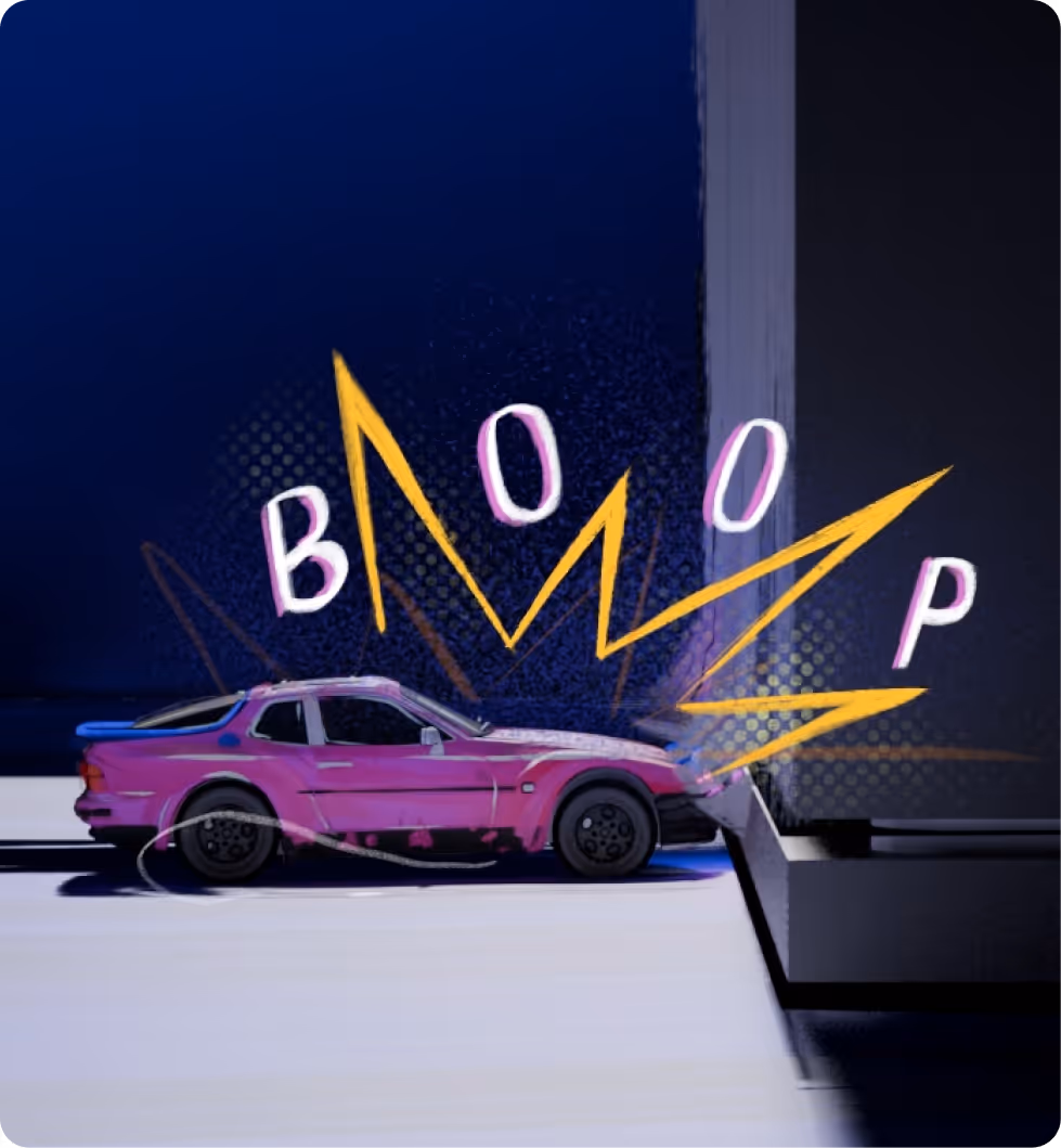 Purple car crashing into a dark wall with yellow zigzag and word BOOOP in comic style.