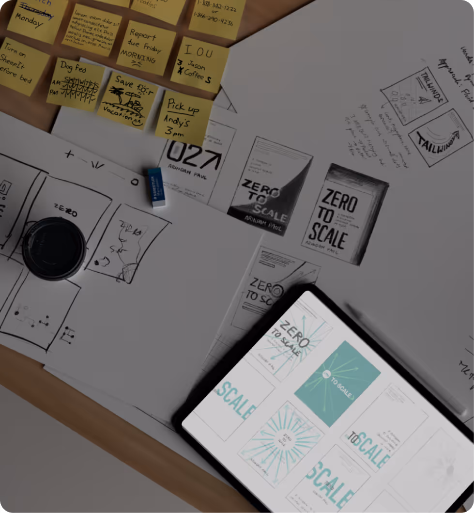Workspace with sketches, sticky notes, and tablet showing book cover designs titled Zero to Scale.