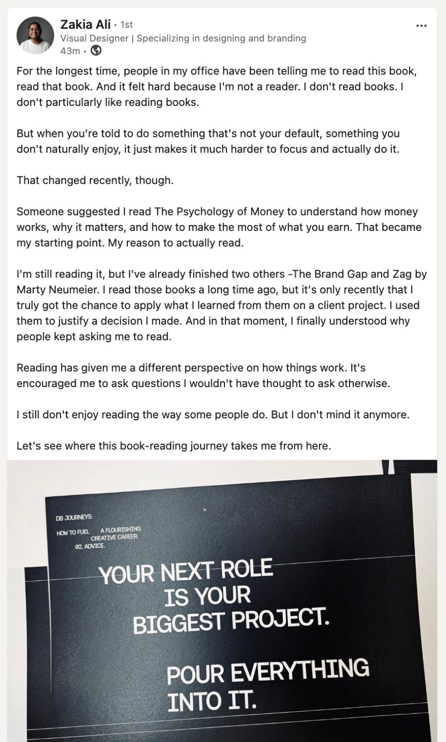 Zakia Ali LinkedIn post