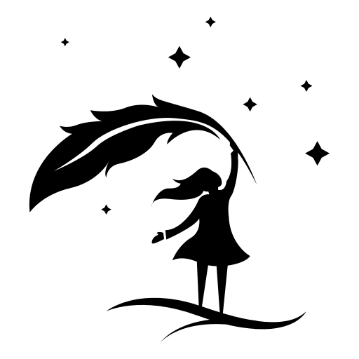 A girl holding a feather pen reaching towards the stars.