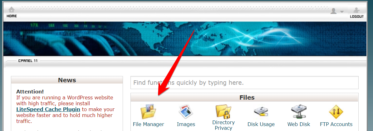 File Manager in Cpanel to locate the htaccess file