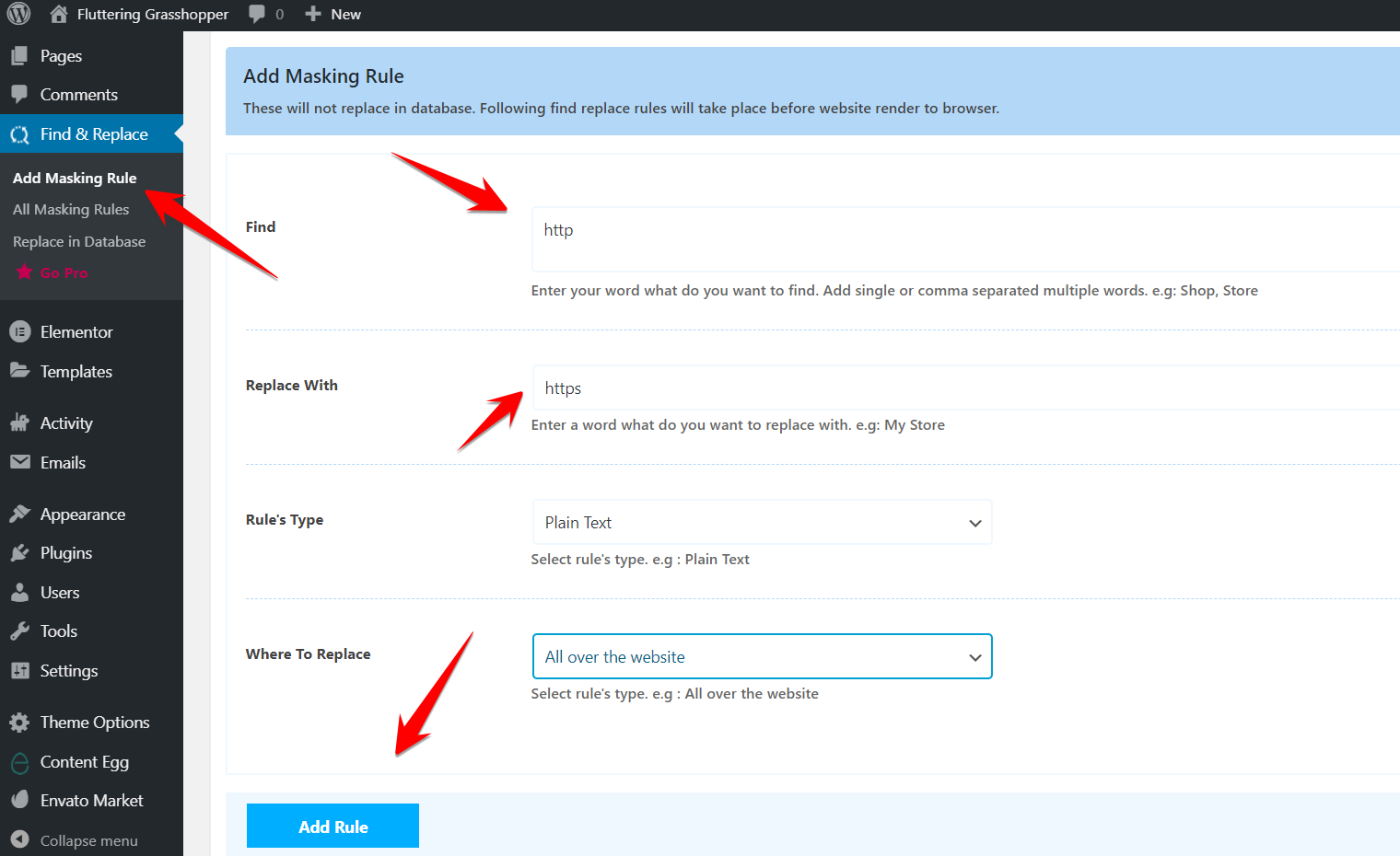 Adding a Marking Rule in Find and Replace from HTTP to HTTPS