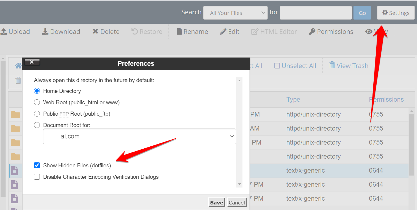 settings to enable to see hidden file in cpanel