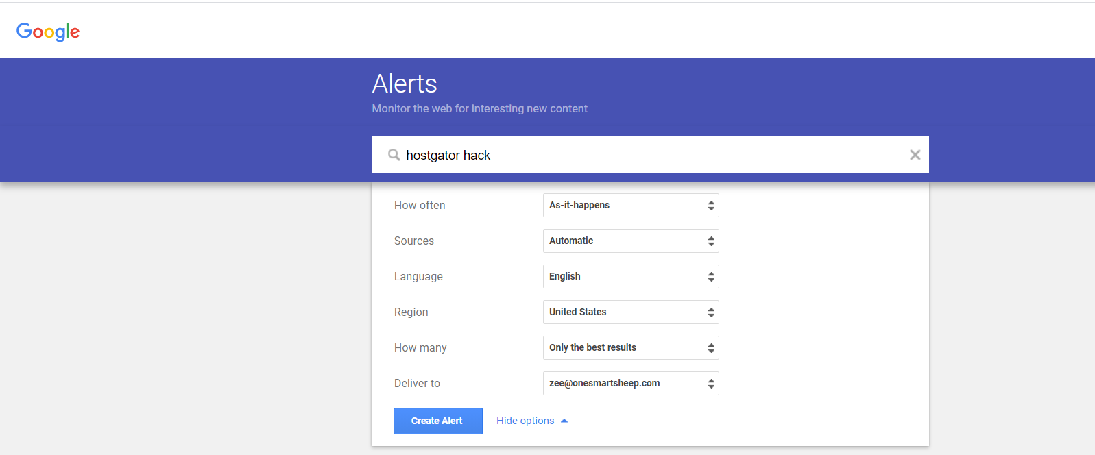 Google Alert to get notifications if your hosting gets hacked