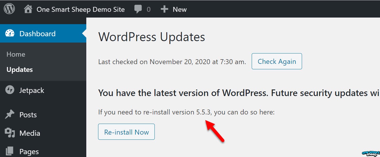 Show WordPress Version from Updates