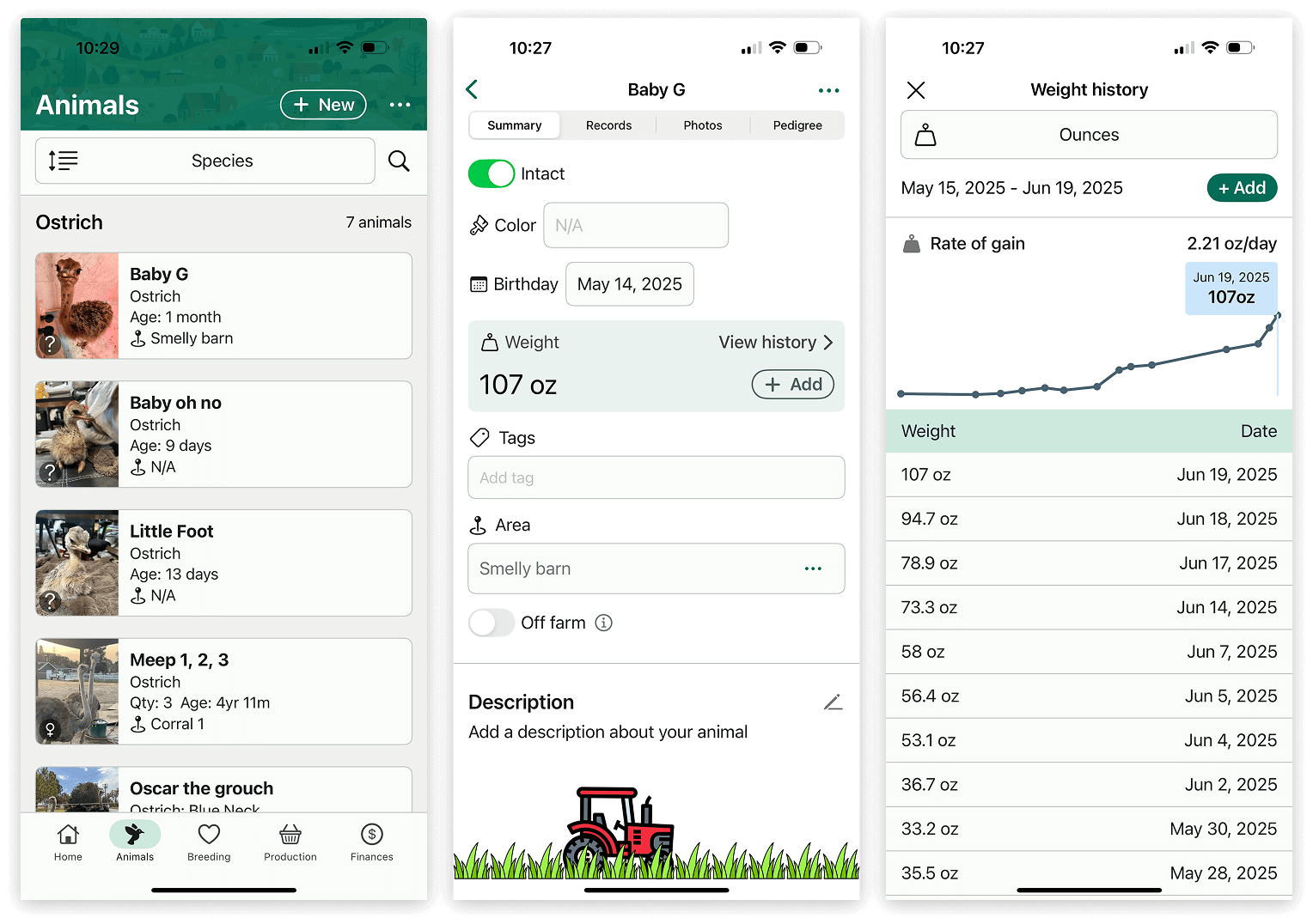 Screenshots of FarmKeep's livestock weight history and rate of gain feature