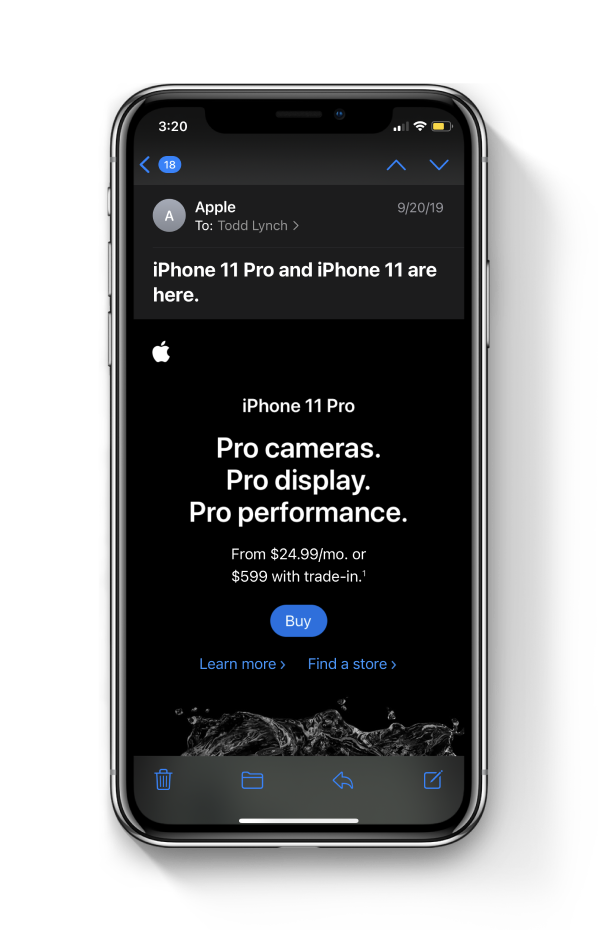iPhone 11 Pro announce email screen