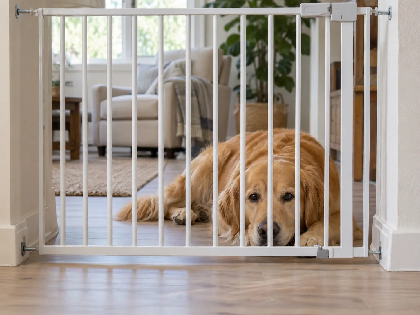 Illustrative home scene with a golden retriever resting behind a pet safety gate. AI-created illustration.