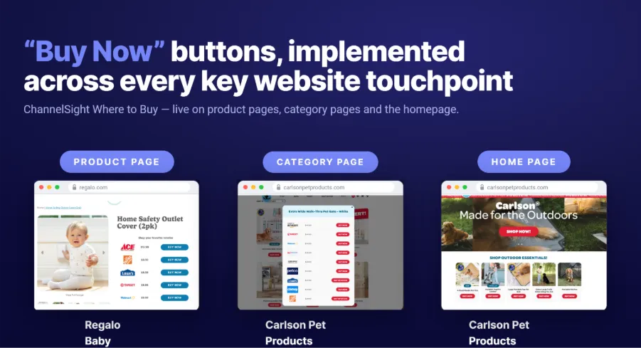 Regalo and Carlson Pet Products Where to Buy implementation across product, category and home pages.
