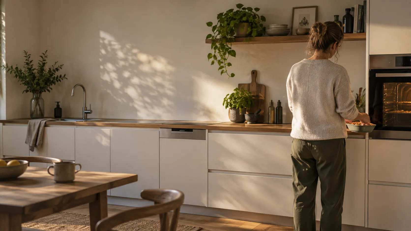 Illustrative AI-created fitted kitchen with built-in home appliances and a person preparing food.