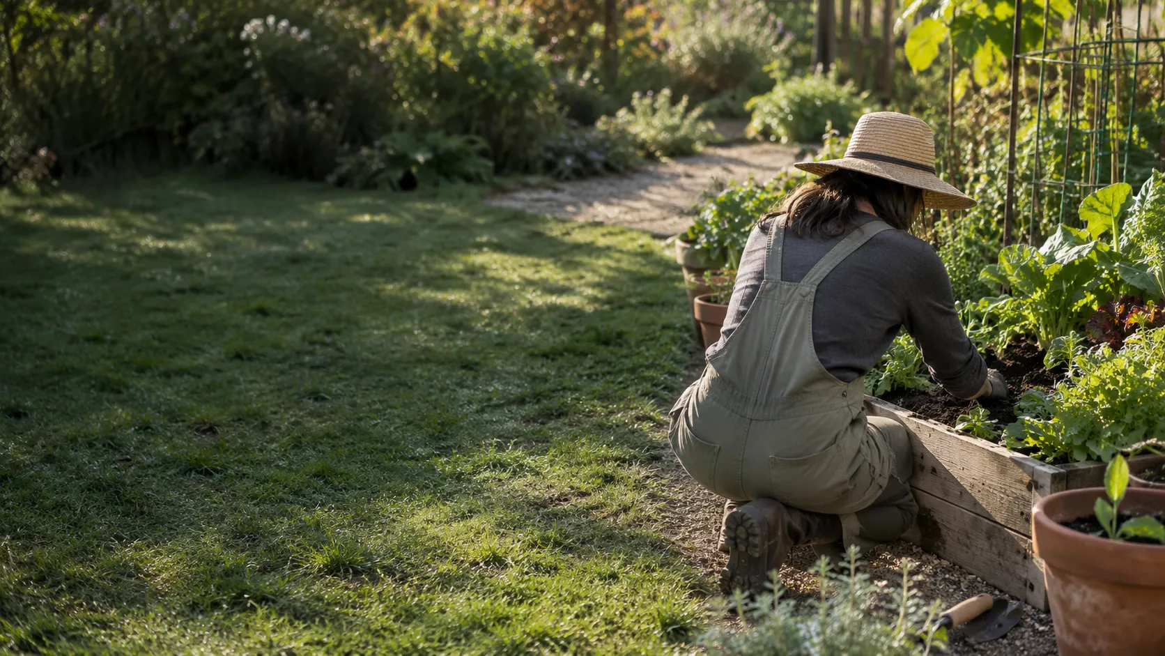 Illustrative AI-created gardener tending seedlings in a sunlit garden.