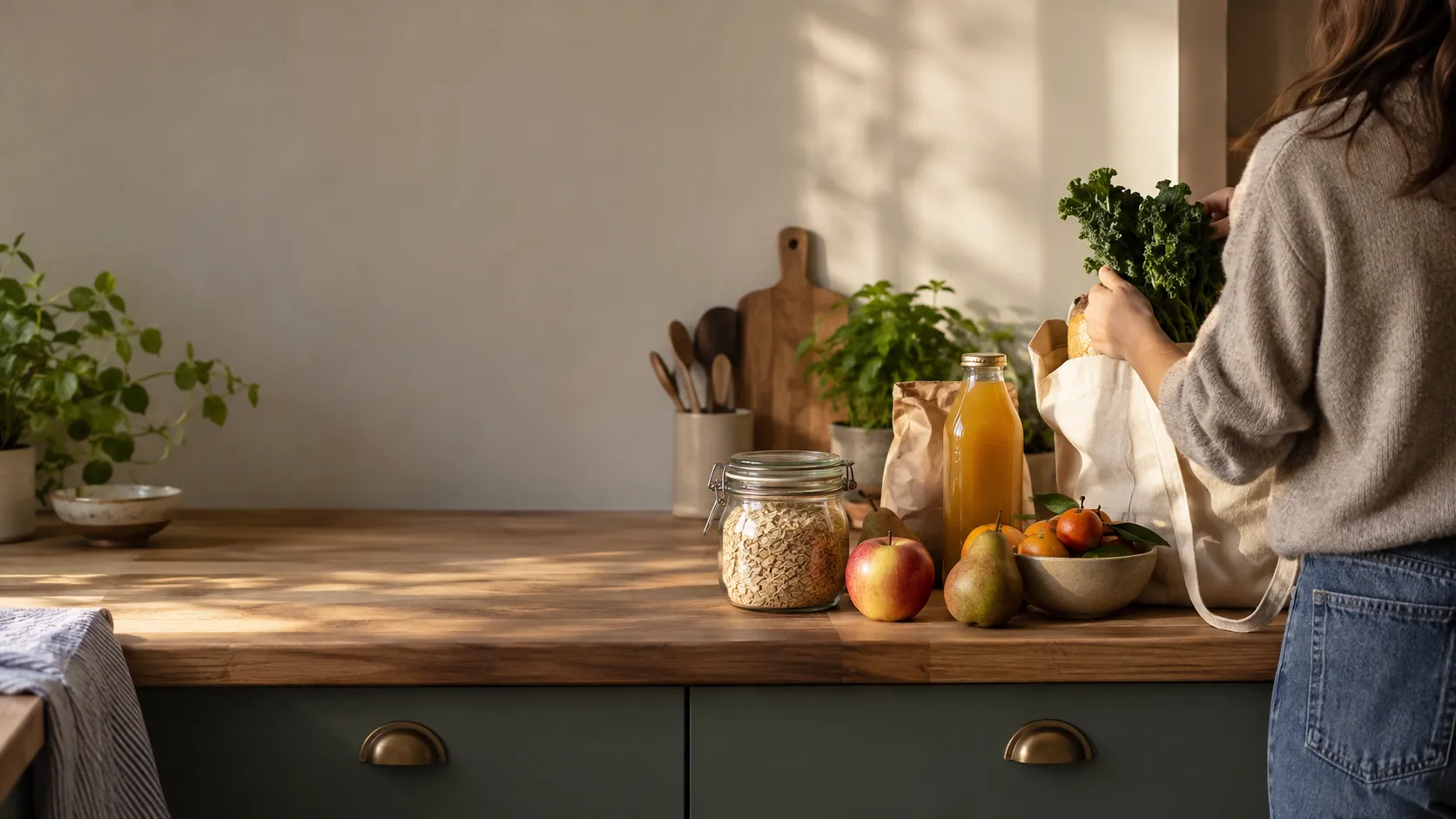 Illustrative AI-created kitchen scene with groceries and everyday food and drink.