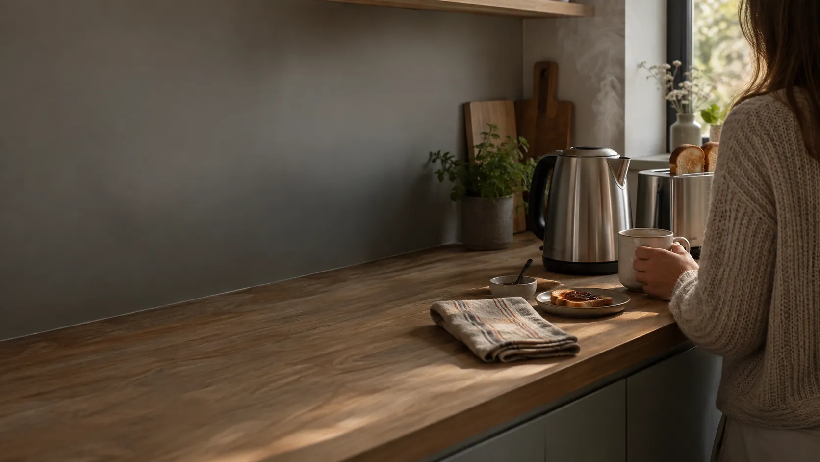 Illustrative AI-created breakfast scene with a kettle, toaster and ceramic mug.