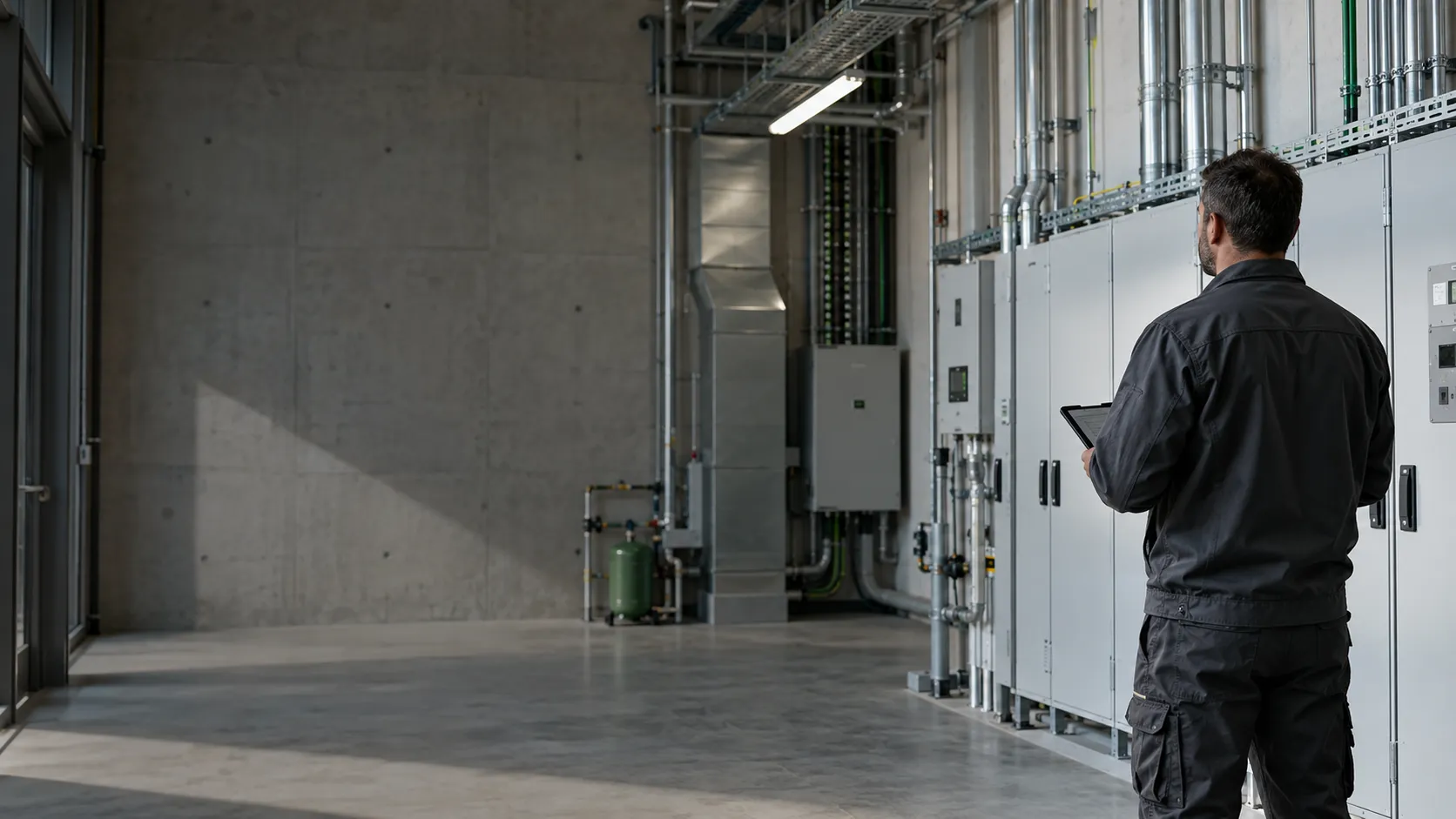 Illustrative AI-created electrical contractor inspecting closed distribution cabinets.