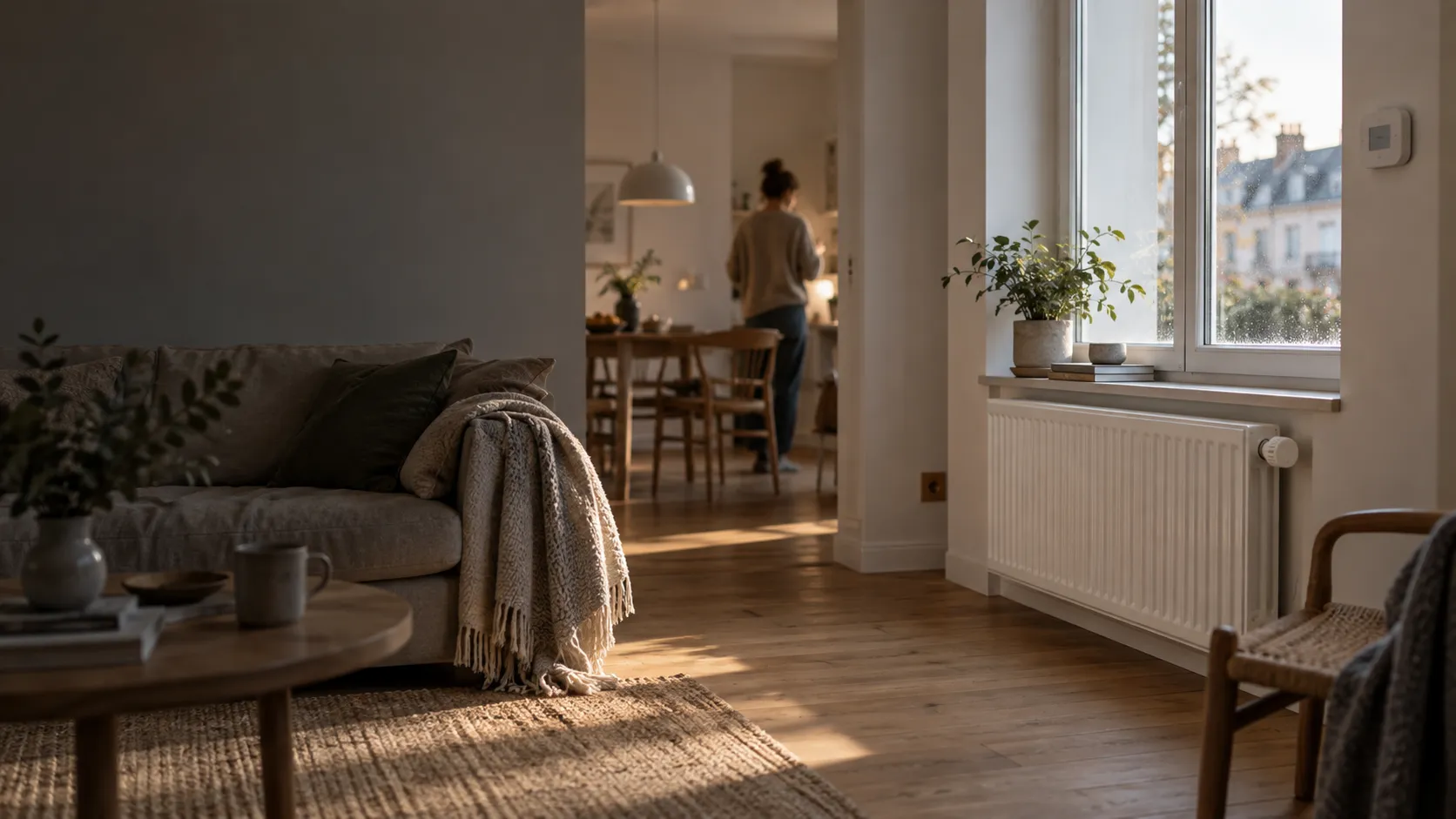 Illustrative AI-created living room with a radiator and discreet smart heating controls.