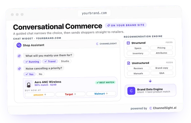 Conversational Commerce illustration showing a branded chat assistant and a live product recommendation engine.
