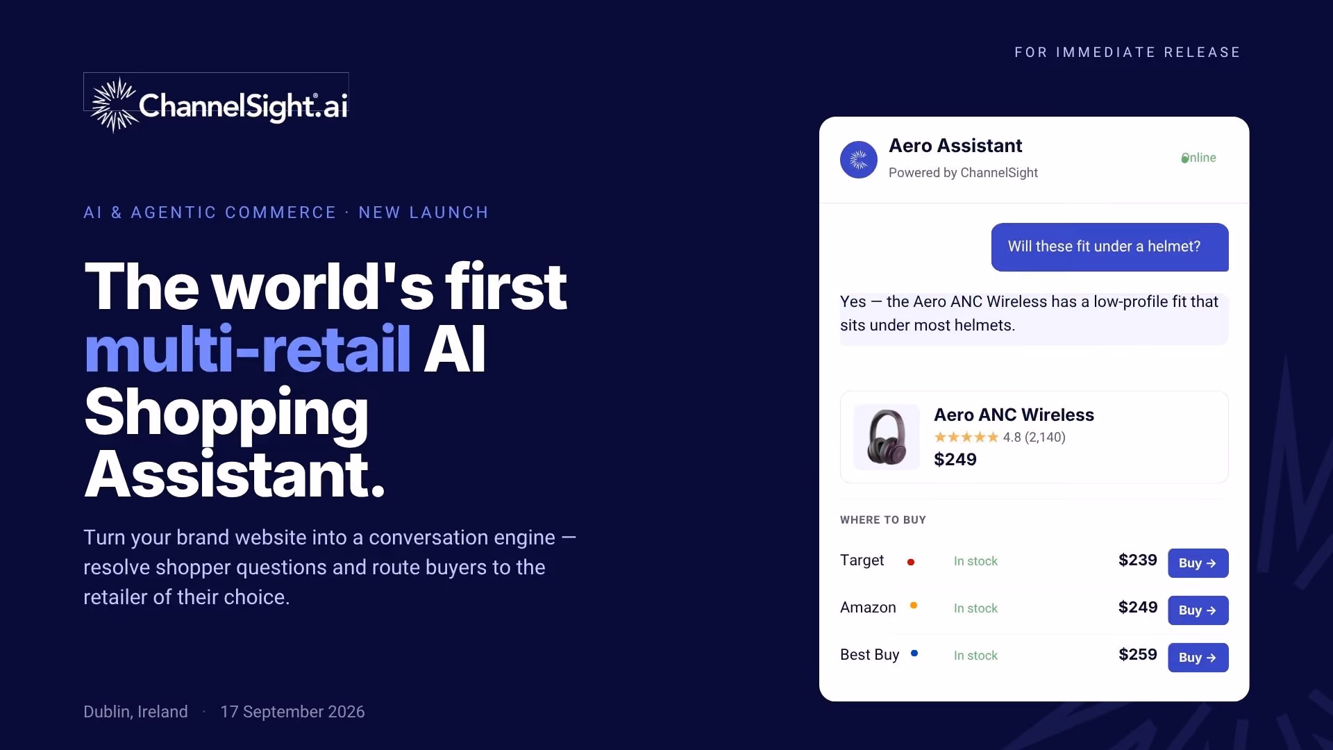 ChannelSight AI Shopping Assistant launch, showing product recommendations and retailer purchase options.