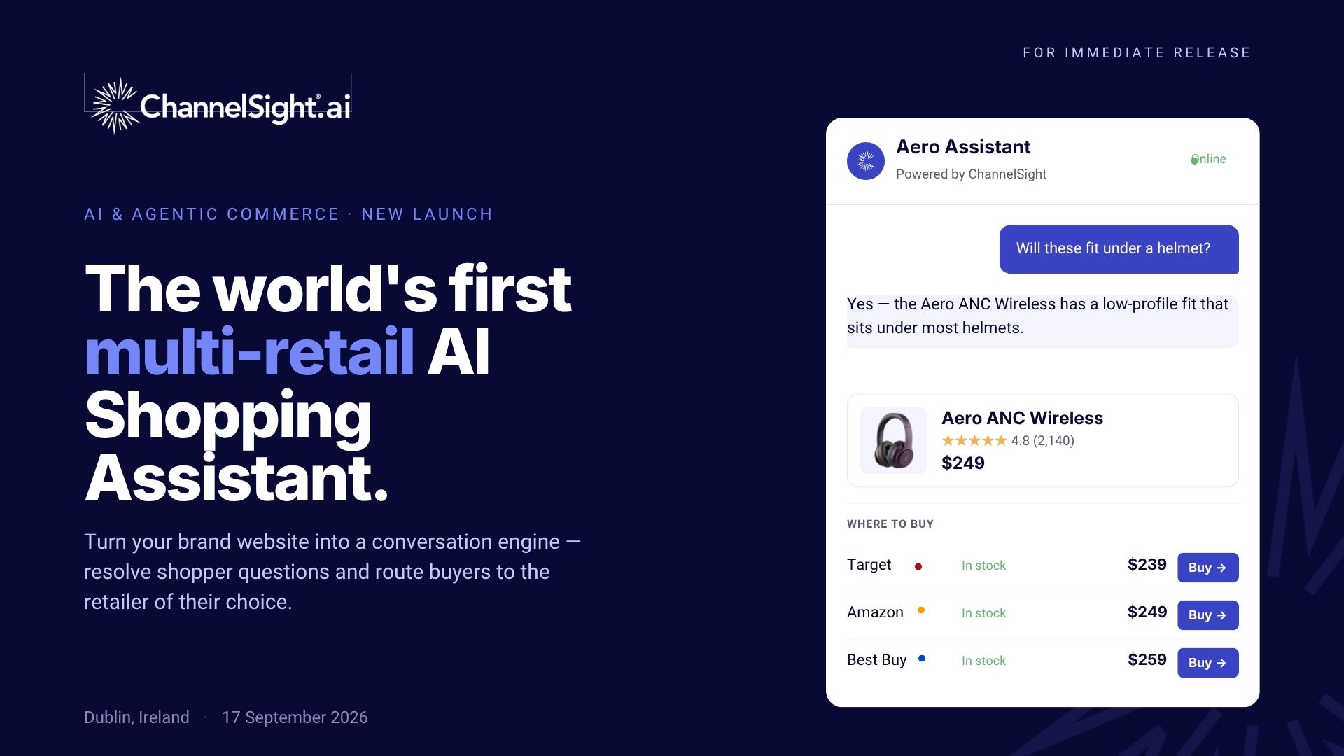 ChannelSight AI Shopping Assistant launch, showing product recommendations and retailer purchase options.