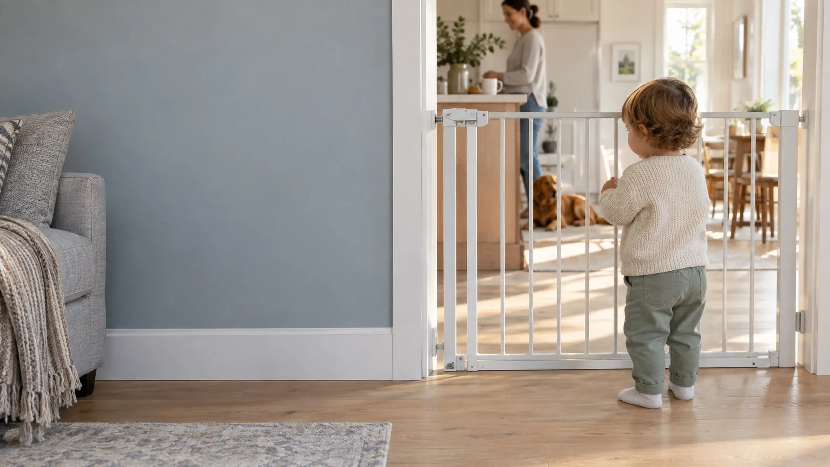 Illustrative AI-created home scene with a child beside a safety gate, used for the Regalo and Carlson Pet Products case study.