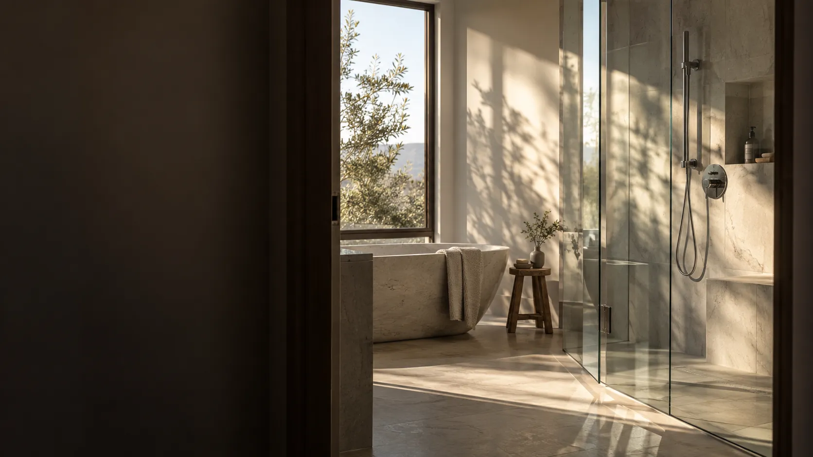 Illustrative AI-created bathroom with a frameless glass shower enclosure.