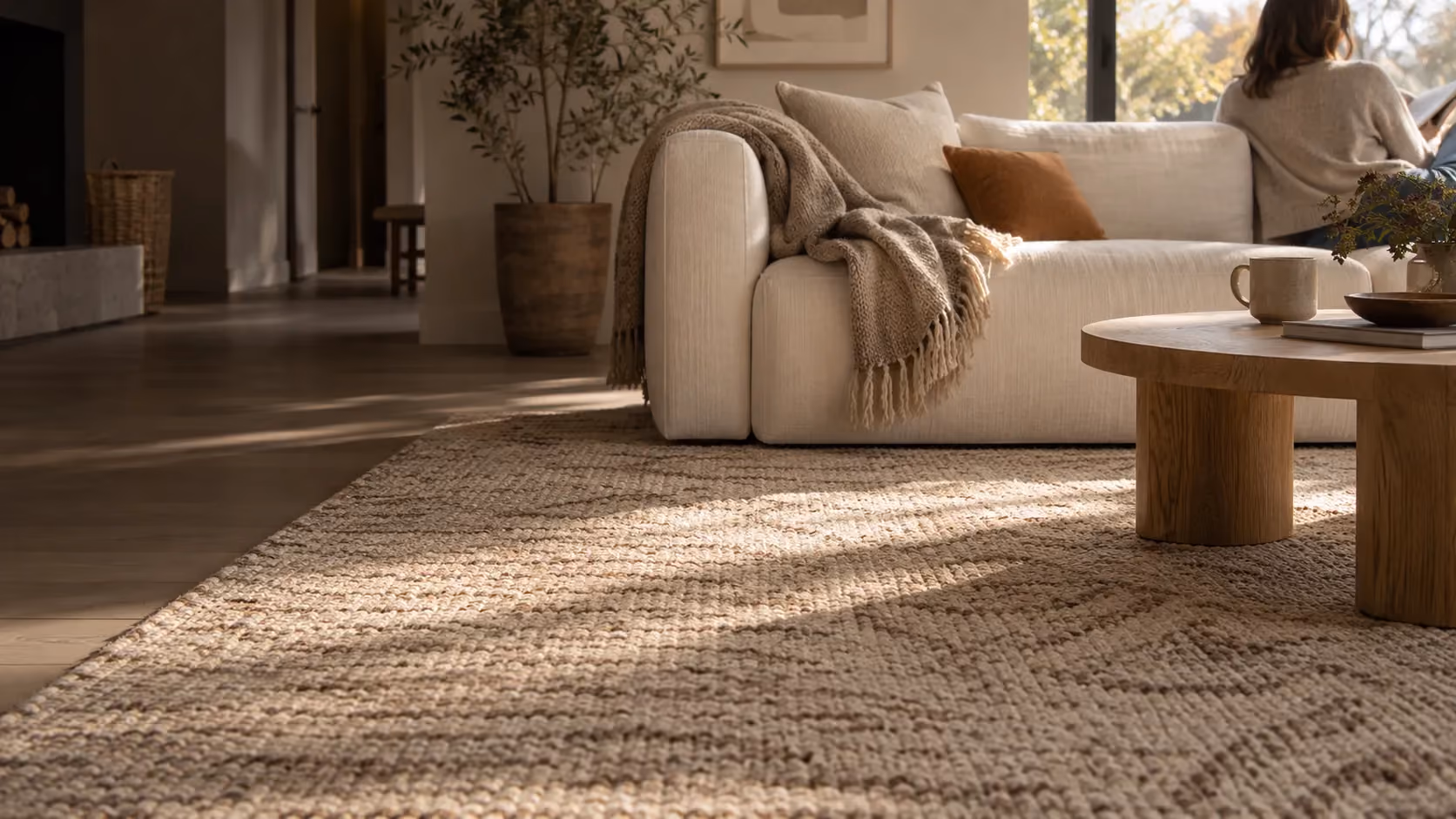 Illustrative AI-created living room with a textured woven rug and home furnishings.