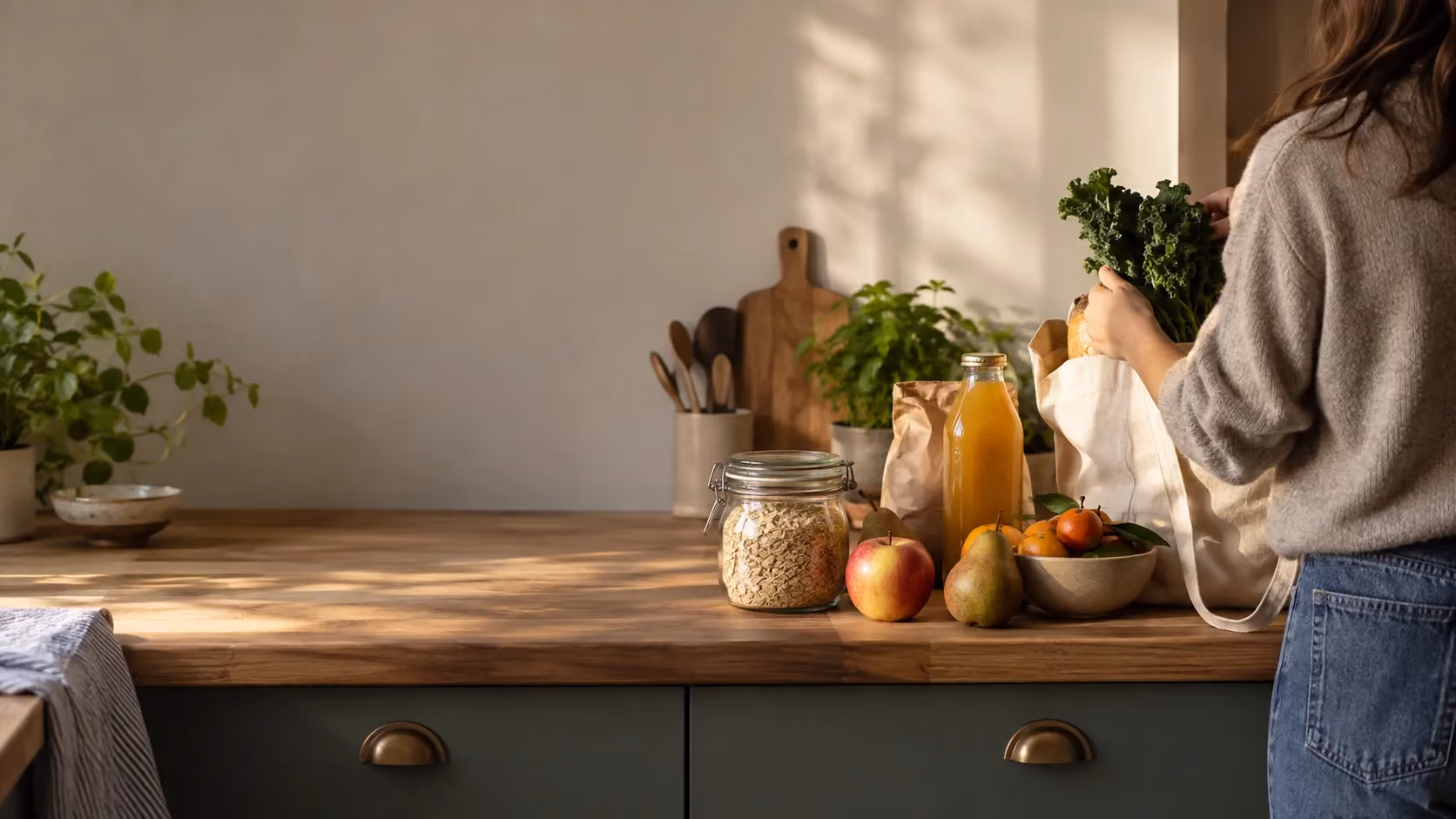 Illustrative AI-created kitchen scene with groceries and everyday food and drink.