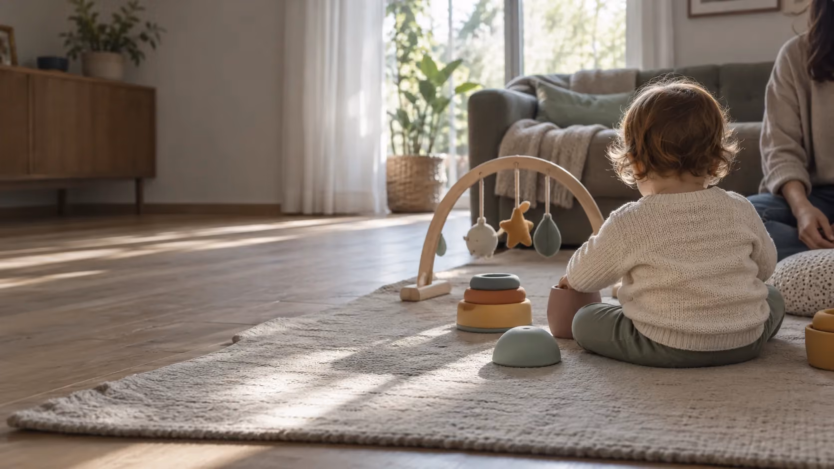 Illustrative AI-created parent and toddler playing together on a floor mat.