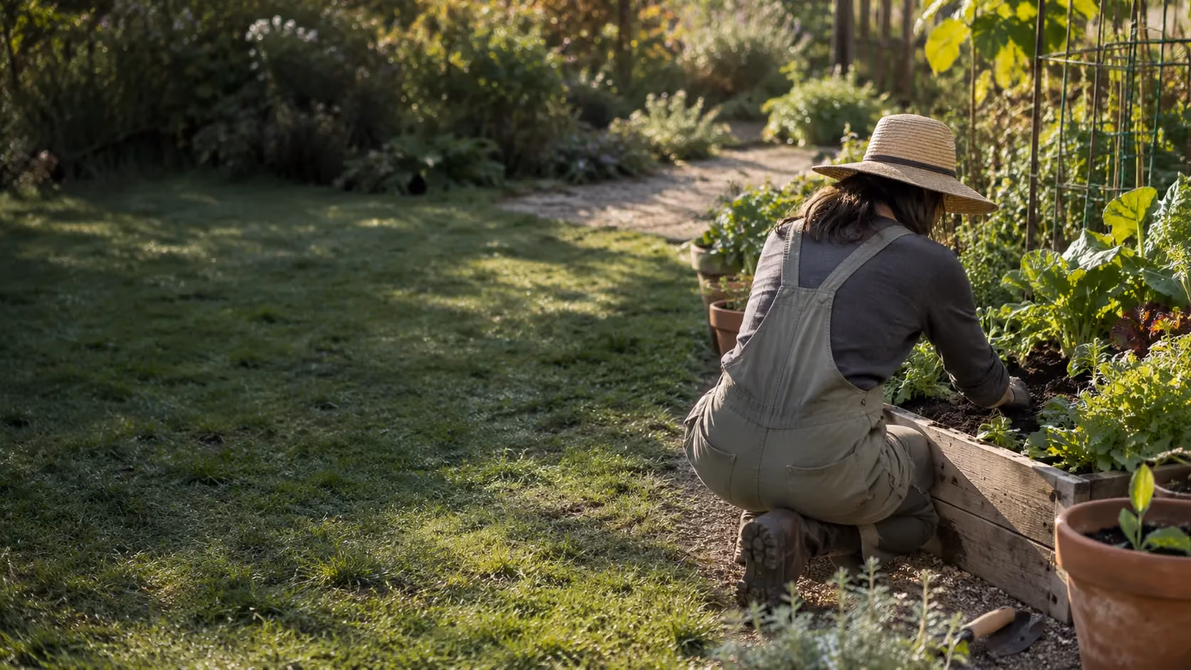 Illustrative AI-created gardener tending seedlings in a sunlit garden.