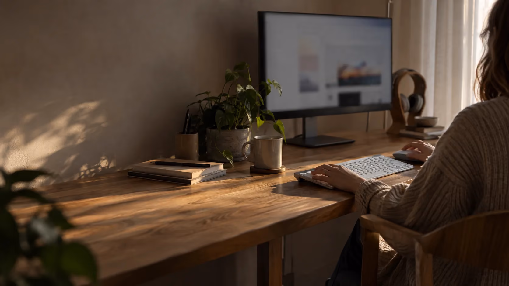 Illustrative AI-created home workspace with a keyboard, mouse and headphones.