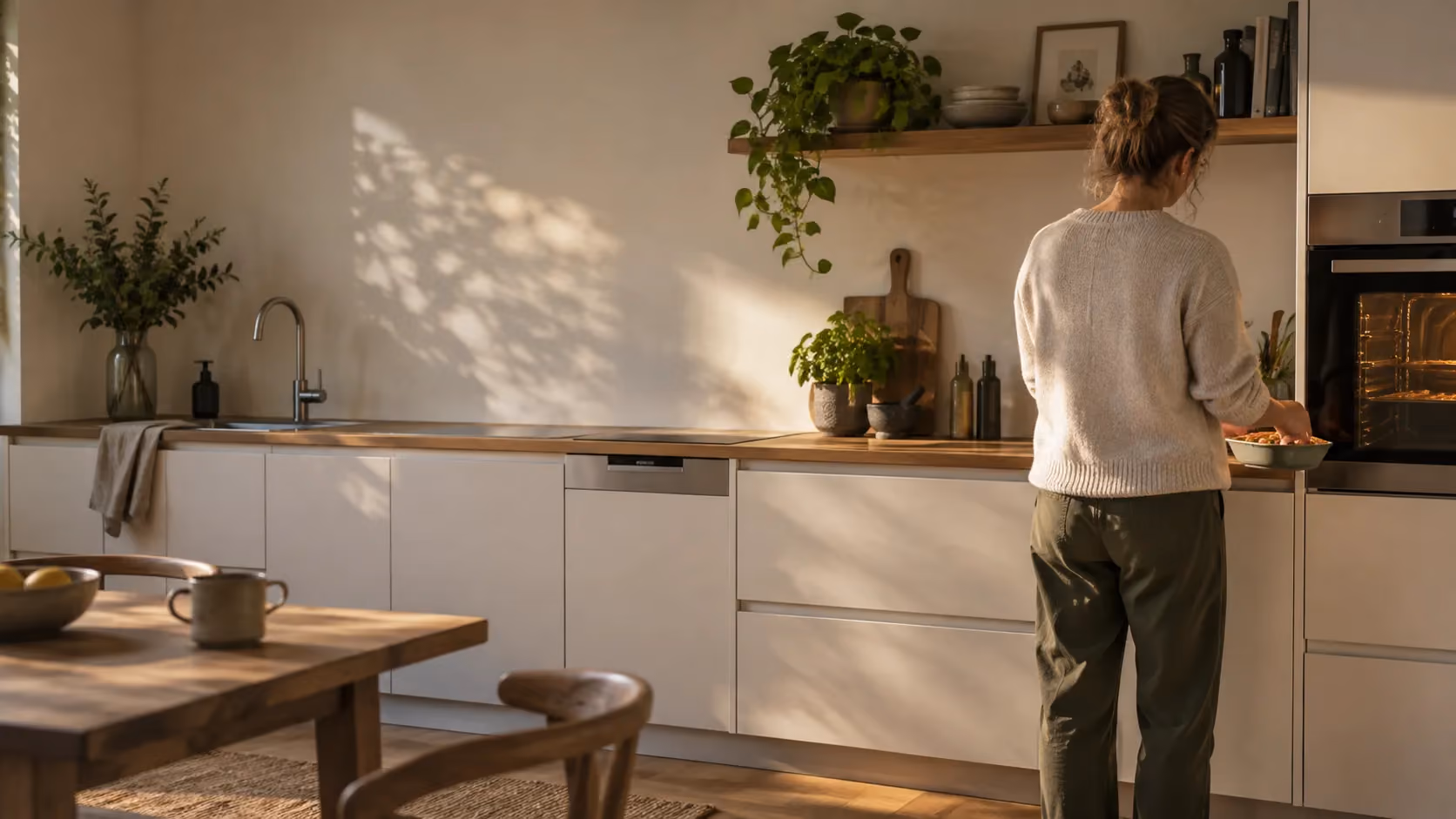 Illustrative AI-created fitted kitchen with built-in home appliances and a person preparing food.