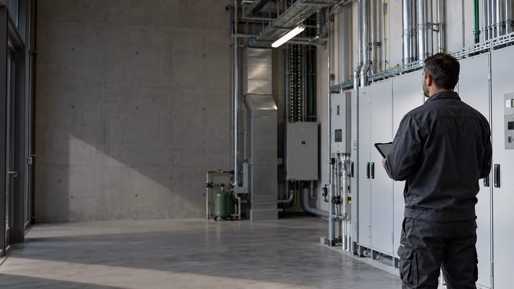 Illustrative AI-created electrical contractor inspecting closed distribution cabinets.