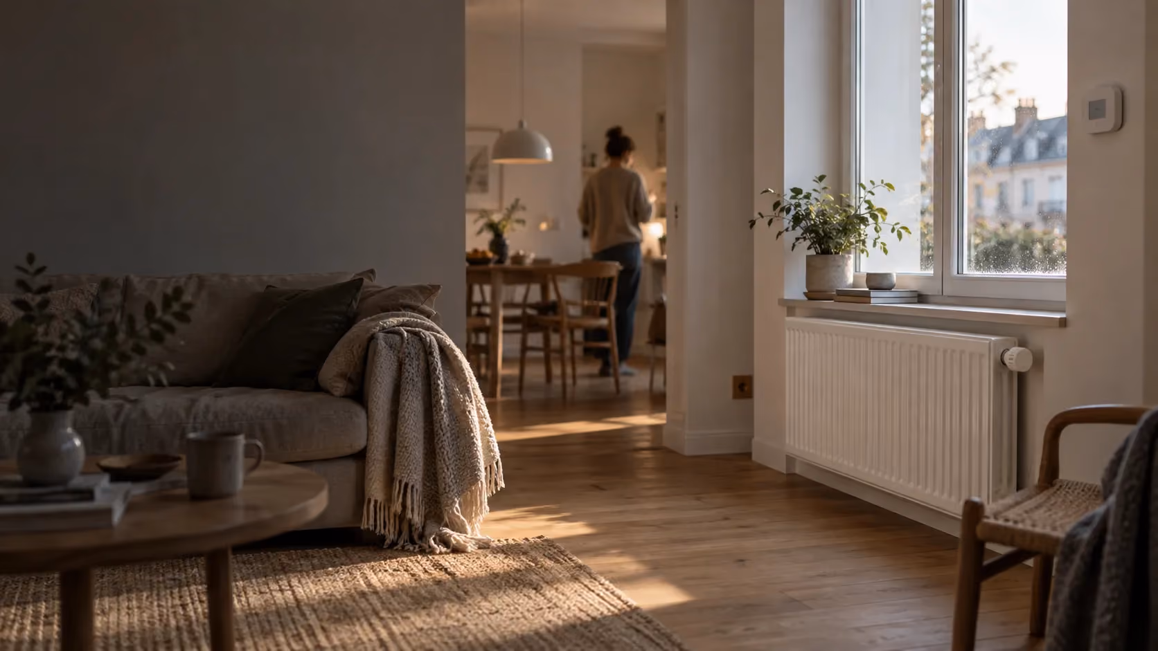 Illustrative AI-created living room with a radiator and discreet smart heating controls.