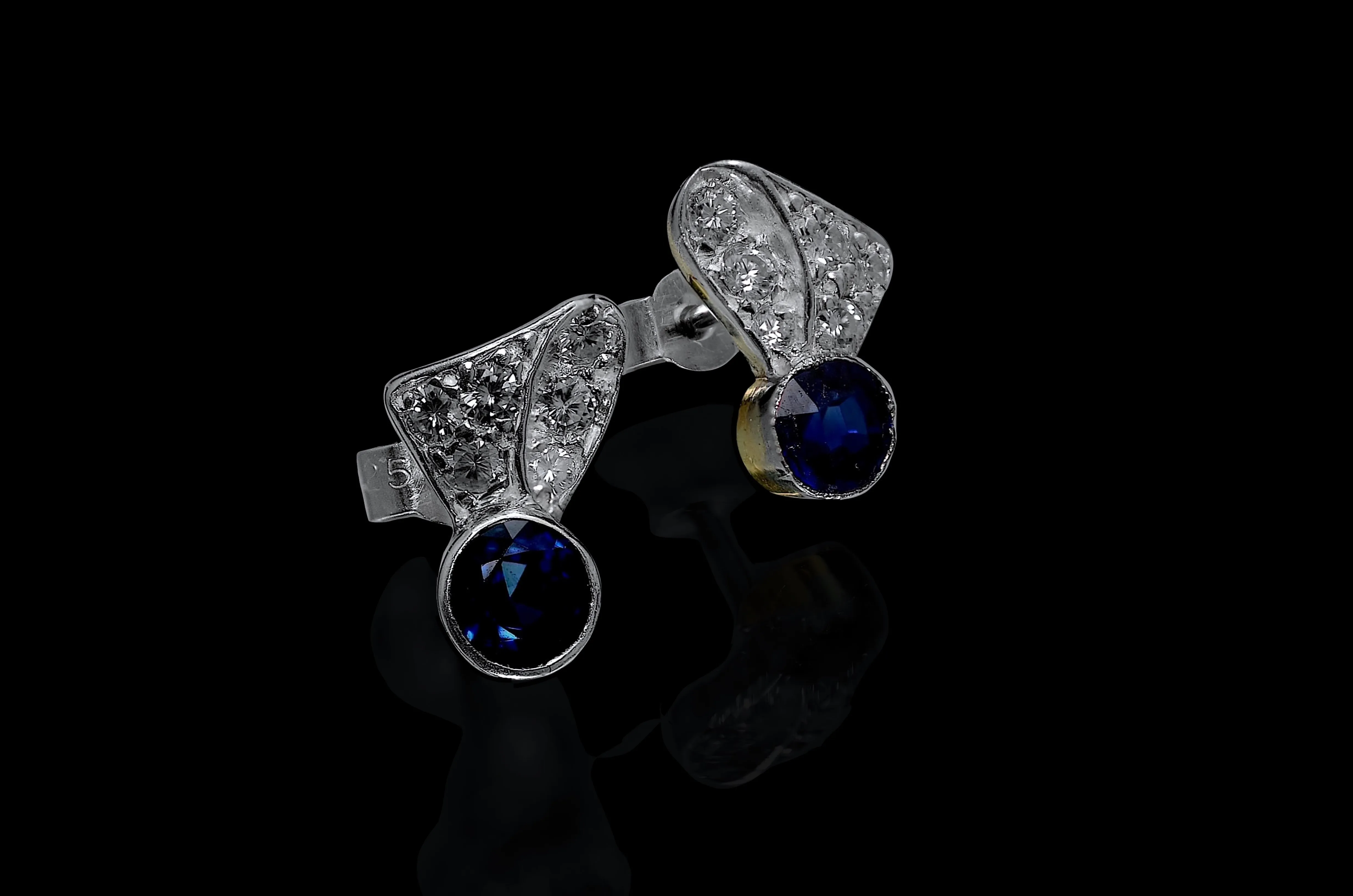 Blue sapphire diamond silver & yellow metal earrings 