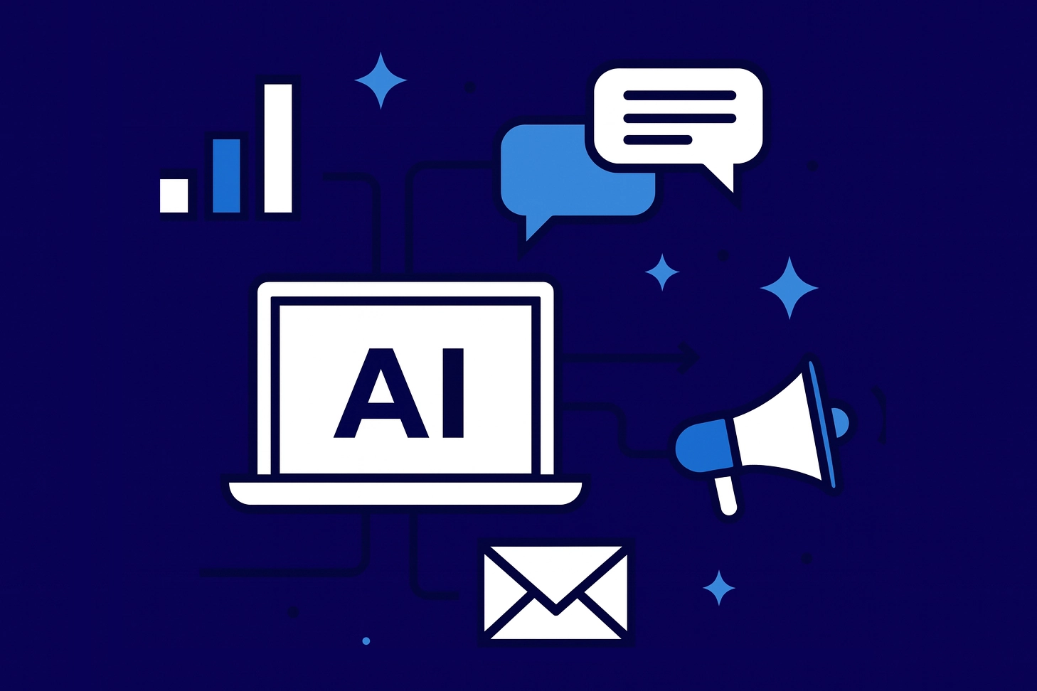 Illustration of artificial intelligence in digital marketing, showing a laptop with 'AI' on the screen, chat bubbles, email icon, megaphone, and analytics bar chart on a blue background.