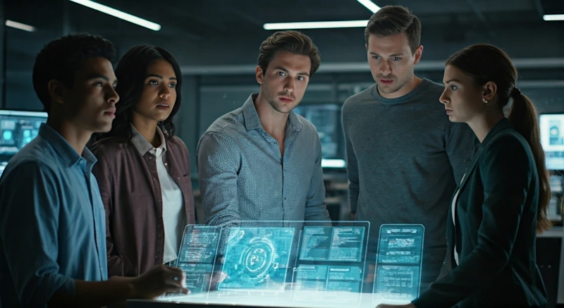 Five professionals in a tech office collaborating over a futuristic digital display, planning crisis PR strategies for technology companies.