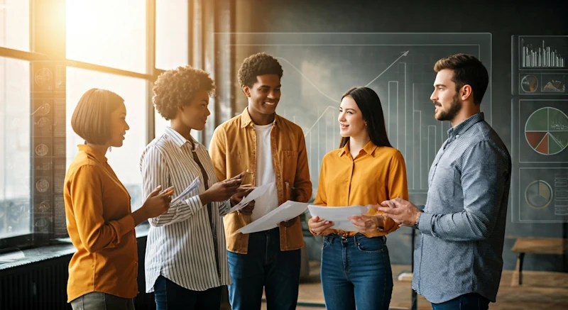 Five diverse business professionals collaborating in a modern office space with large windows and natural light, reviewing documents and discussing analytics data visible on glass boards showing charts and graphs in the background, representing a team analyzing PR metrics and performance data