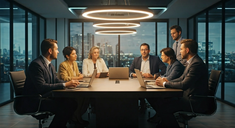 Seven business professionals in formal attire meeting around a modern conference table with laptops in a contemporary boardroom featuring circular LED lighting and floor-to-ceiling windows overlooking a city skyline at dusk, representing fintech executives discussing PR strategies and industry trends