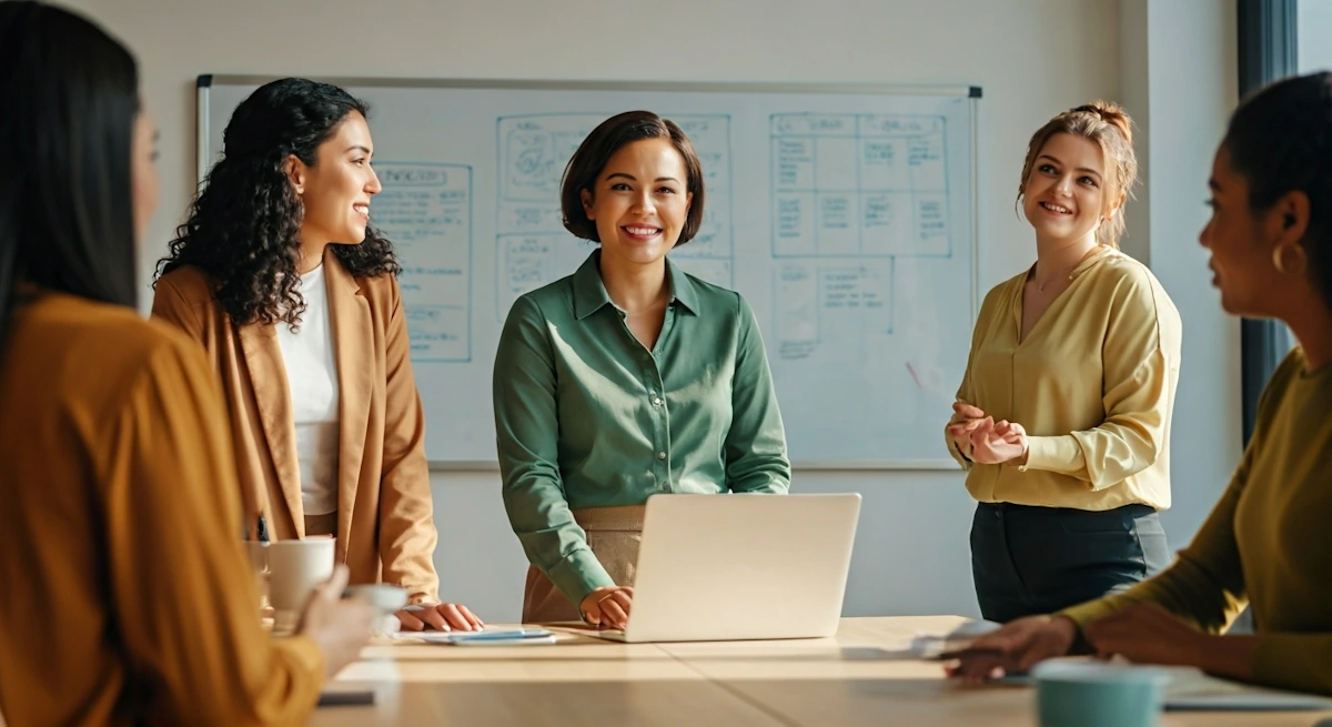 Four professional women in a bright conference room having a collaborative meeting, with one woman in a green blouse standing at a laptop while others engage in discussion, with planning documents visible on a whiteboard in the background, representing a startup team strategizing their PR launch