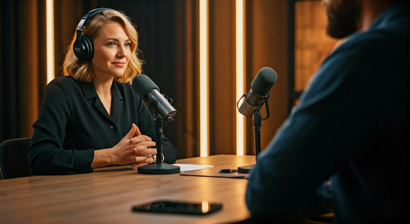 Professional woman with blonde hair wearing headphones and a dark blazer, speaking into a podcast microphone during an interview in a modern studio with vertical LED lighting, representing an executive building visibility through media appearances and thought leadership