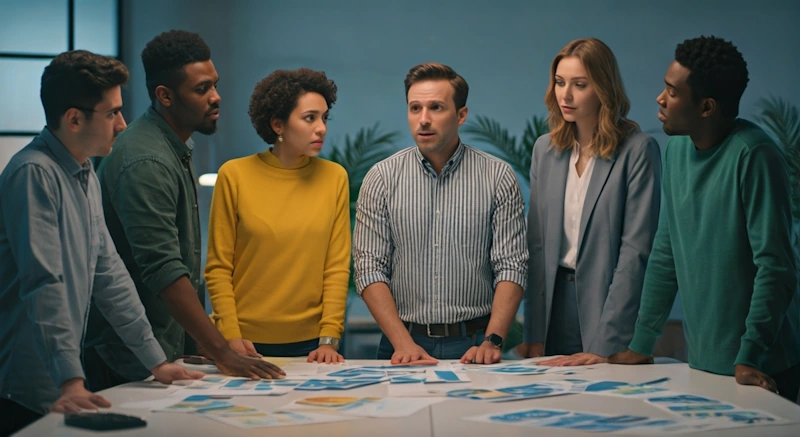 Six diverse professionals gathered around a table reviewing colorful documents and charts spread across the surface, collaborating in a modern office setting with plants in the background, representing a B2B tech team aligning their PR and content strategies