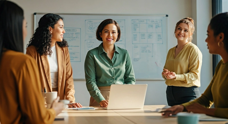 Four professional women in a bright conference room having a collaborative meeting, with one woman in a green blouse standing at a laptop while others engage in discussion, with planning documents visible on a whiteboard in the background, representing a startup team strategizing their PR launch