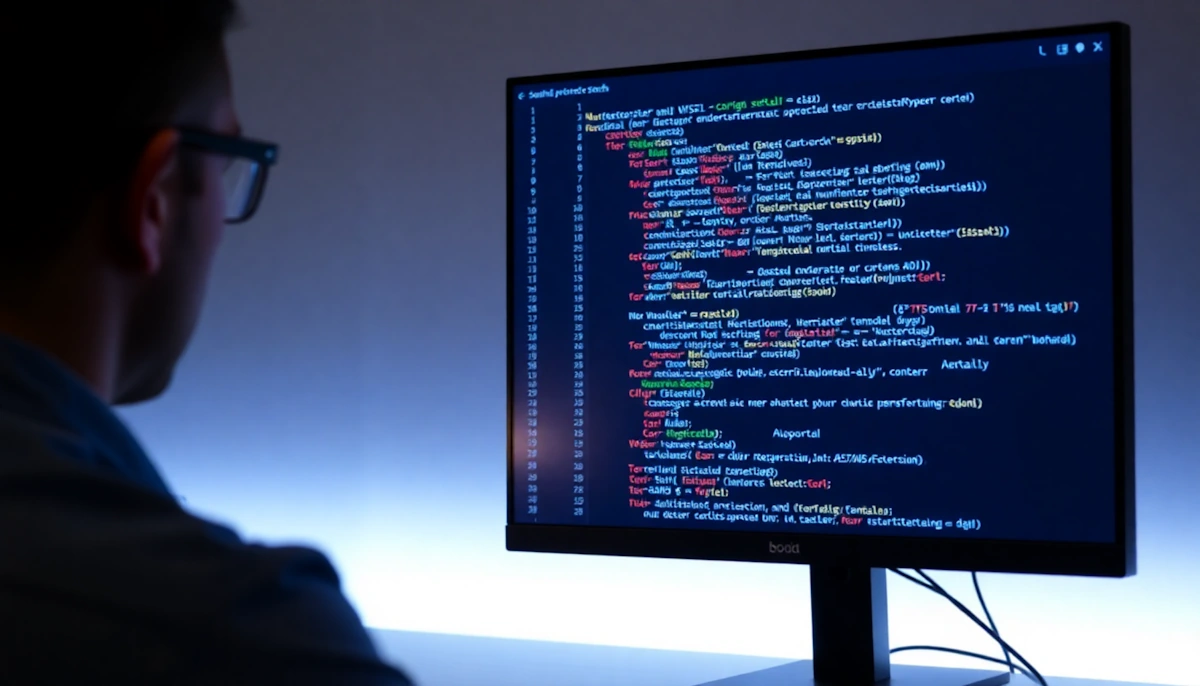 Developer viewing lines of code on a computer screen, representing AI-powered workflows and LLM-native press release generation.