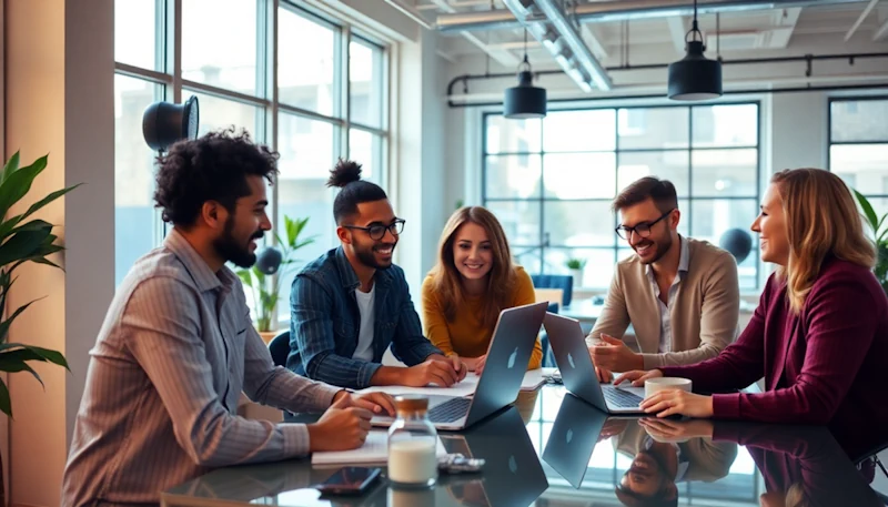 A diverse group of professionals smiling and collaborating around a table with laptops in a bright, modern office, illustrating PR teams strategizing to boost LLM rankings.