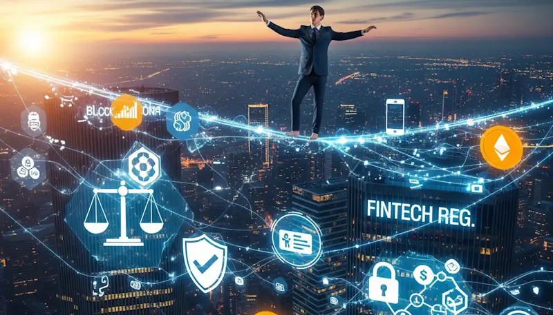 A man in a suit balances on a tightrope above a cityscape at sunset, symbolizing the challenge of navigating fintech PR. Surrounding him are icons representing blockchain, crypto (Ethereum), security, data privacy, and "FINTECH REG," connected by glowing lines, illustrating the intersection of innovation, compliance, and regulation in the fintech world.